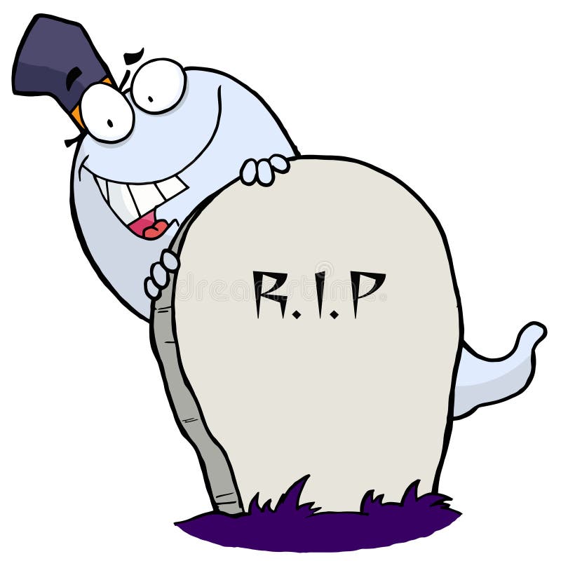 Het witte Spook dat van Halloween rond een Grafsteen kijkt stock illustratie Het witte Spook dat van Halloween rond een Grafsteen kijkt stock illustratie