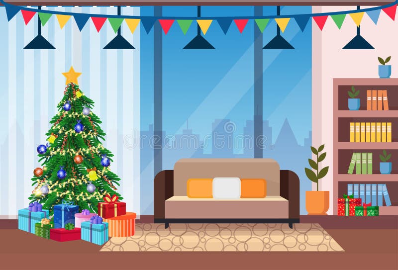 Het woonkamer verfraaide vrolijke van de de pijnboomboom van het Kerstmis gelukkige nieuwe jaar van de het huisbinnenhuisarchitec
