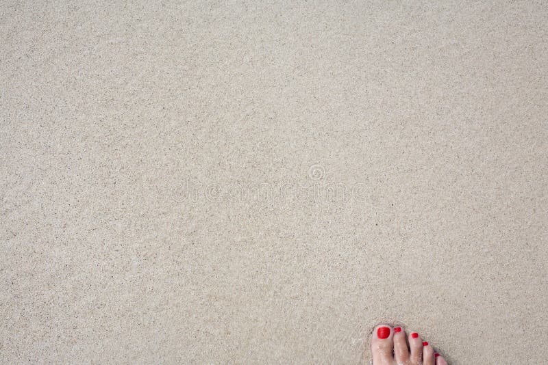 Bare foot with red pedicure on wet sand. Bare foot with red pedicure on wet sand