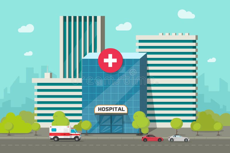 Het ziekenhuis die vectorillustratie, vlakke beeldverhaal moderne medisch centrum of kliniek bouwen op stadsstraat clipart stock illustratie Het ziekenhuis die vectorillustratie, vlakke beeldverhaal moderne medisch centrum of kliniek bouwen op stadsstraat clipart stock illustratie