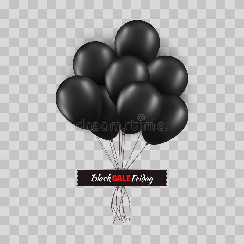 Het zwarte concept van vrijdagpromo Bos van zwarte die ballons met koorden met zwarte band op transparante achtergrond worden gel royalty-vrije illustratie Het zwarte concept van vrijdagpromo Bos van zwarte die ballons met koorden met zwarte band op transparante achtergrond worden gel royalty-vrije illustratie