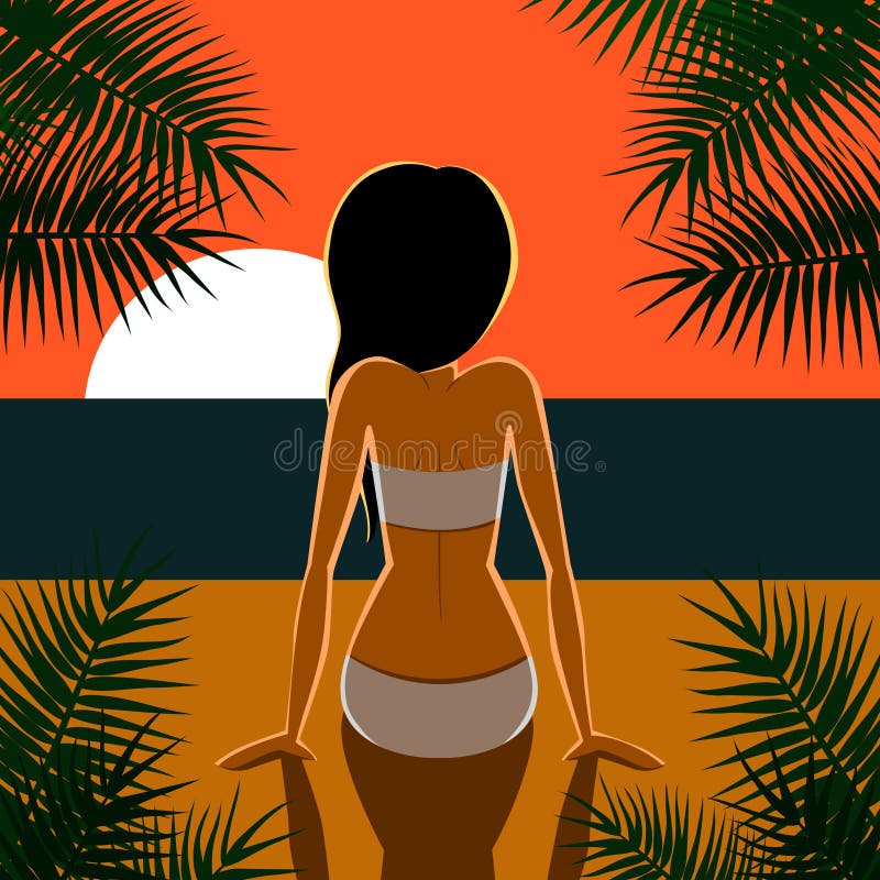 Het zwarte haired meisje op een strand bekijkt zonsondergang vector illustratie Het zwarte haired meisje op een strand bekijkt zonsondergang vector illustratie