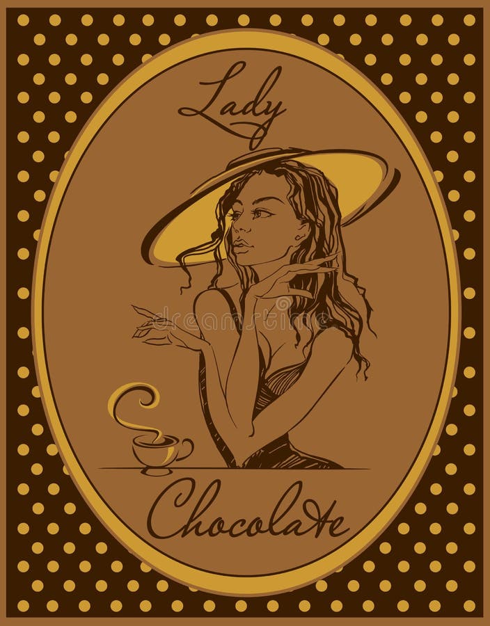 Hete Chocolade Het etiket voor de drank Retro beeld Elegant meisje in een hoed wijnoogst Kader met stippen Vector vector illustratie Hete Chocolade Het etiket voor de drank Retro beeld Elegant meisje in een hoed wijnoogst Kader met stippen Vector vector illustratie