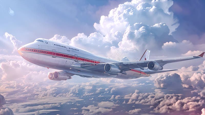 Hete reis : animatie van een passagiersvliegtuig dat zwaarder boven de wolken vliegt.