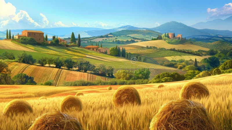 Heure d'or sur les collines toscanes et les baleines à foin. Le paysage toscan lézarde dans la lumière dorée du soir avec les fermes de balles de foin et les montagnes lointaines. ai généré