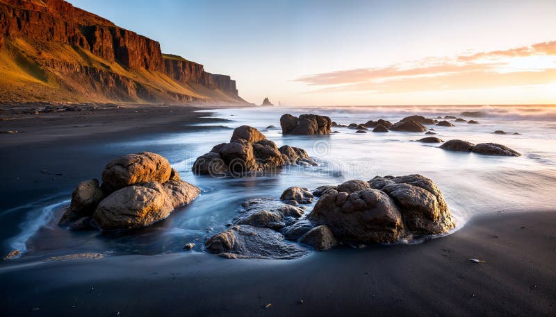Heure d'or sur un paysage côtier avec rochers et falaises illustration de vecteur