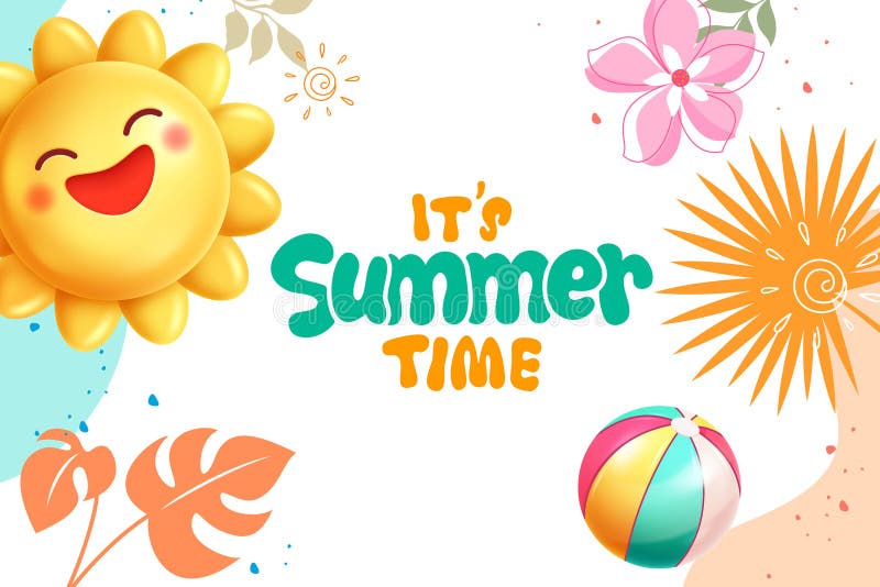 Heure d'été accueil conception clipart. Texte de l'heure d'été avec caractère soleil avec image clipart joyeuse et tropicale illustration de vecteur