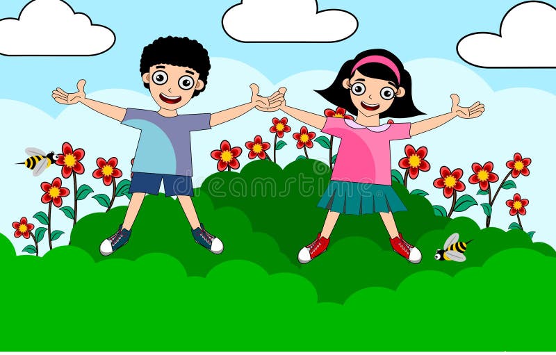 Heure d'été de girlon de garçon d'enfants illustration stock Heure d'été de girlon de garçon d'enfants illustration stock