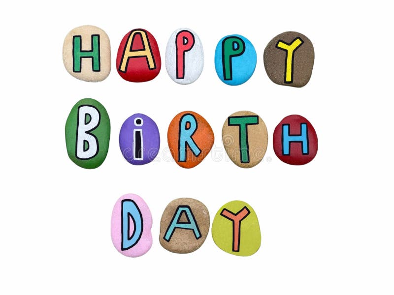 Heureux texte d'anniversaire composé de lettres de pierre multicolores sur fond blanc illustration de vecteur