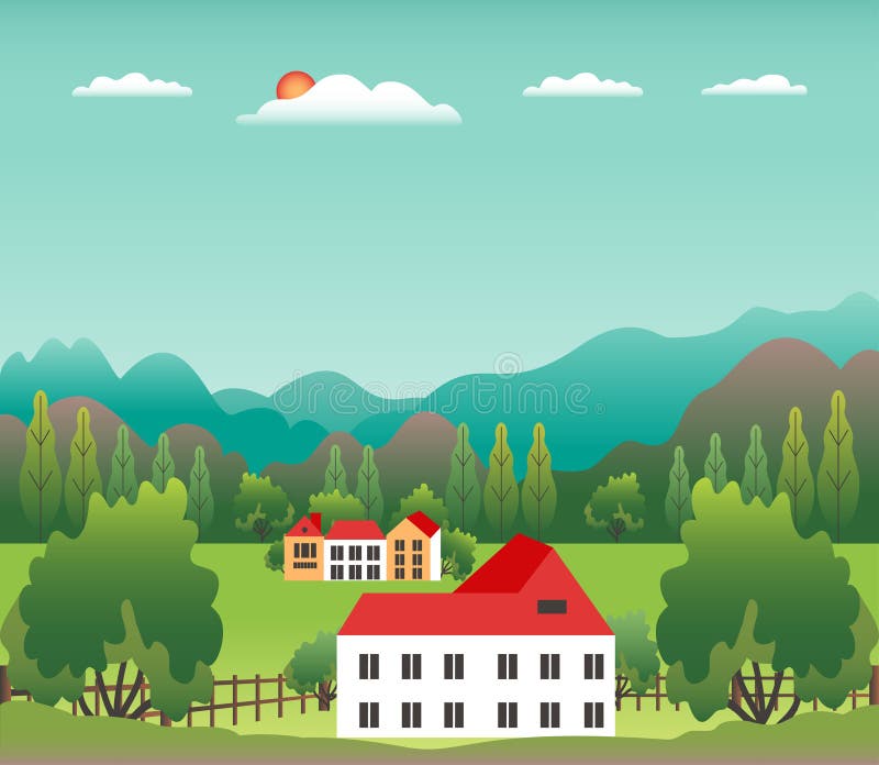 Heuvelslandschap in vlak stijlontwerp Valleiachtergrond Mooie groene gebieden, weide, bergen en blauwe hemel Landelijke plaats bi stock illustratie Heuvelslandschap in vlak stijlontwerp Valleiachtergrond Mooie groene gebieden, weide, bergen en blauwe hemel Landelijke plaats bi stock illustratie