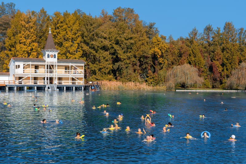 Heviz, Hungary / 10.08.2019 : people swimming in famous Heviz balneal thermal bath pond in Hungary park autumn season