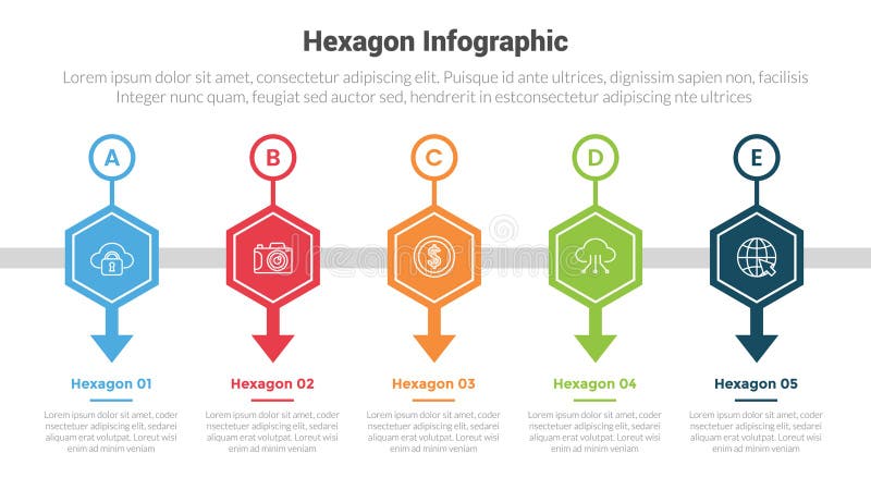 Hexagon or hexagonal honeycombs shape infographics template diagram with arrow and outline circle on top with 5 point step stock illustration