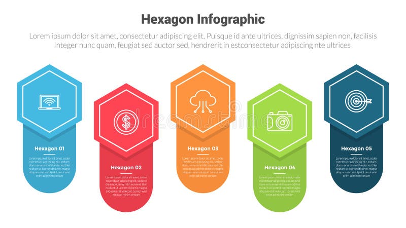 Hexagon or hexagonal honeycombs shape infographics template diagram with creative round box up and down with 5 point step creative vector illustration