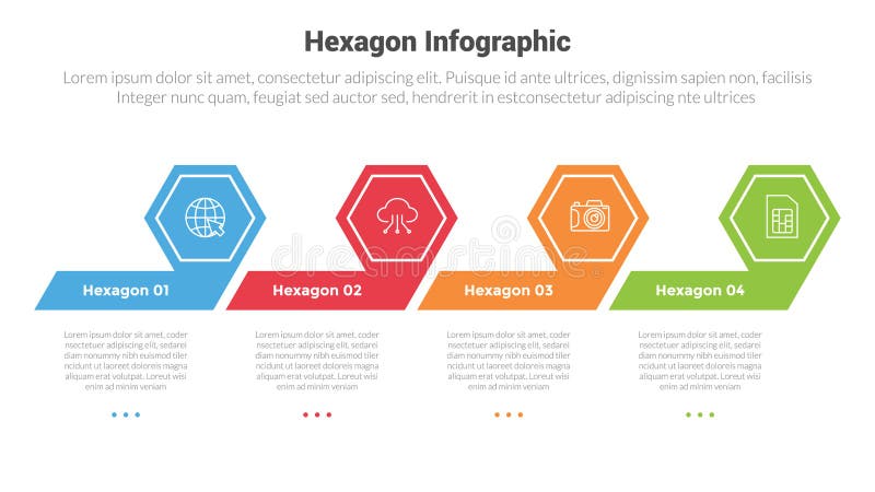 Hexagon or hexagonal honeycombs shape infographics template diagram with creative skew header badge with 4 point step creative stock illustration