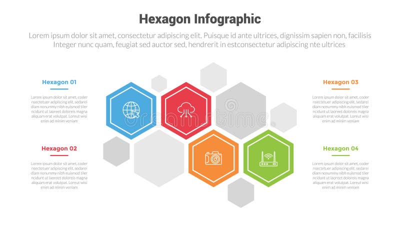 Hexagon or hexagonal honeycombs shape infographics template diagram with creative timeline up and down with 4 point step creative royalty free illustration