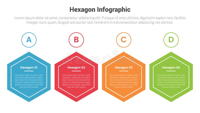 Hexagon or hexagonal honeycombs shape infographics template diagram with horizontal direction and circle badge outline with 4 royalty free illustration