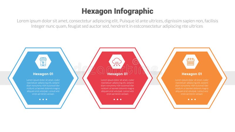 Hexagon or hexagonal honeycombs shape infographics template diagram with horizontal outline with circle header with 3 point step vector illustration