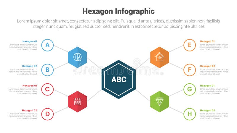 Hexagon or hexagonal honeycombs shape infographics template diagram with linked network line with circle outline with 4 point step vector illustration