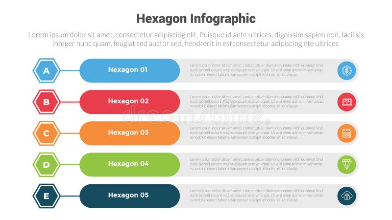 Hexagon or hexagonal honeycombs shape infographics template diagram with long rectangle shape stack structure with 5 point step royalty free illustration