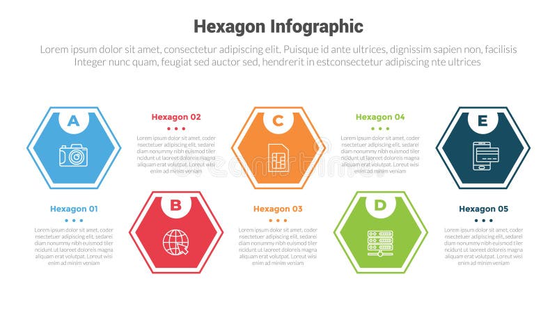 Hexagon or hexagonal honeycombs shape infographics template diagram with outline and half circle badge up and down with 5 point royalty free illustration