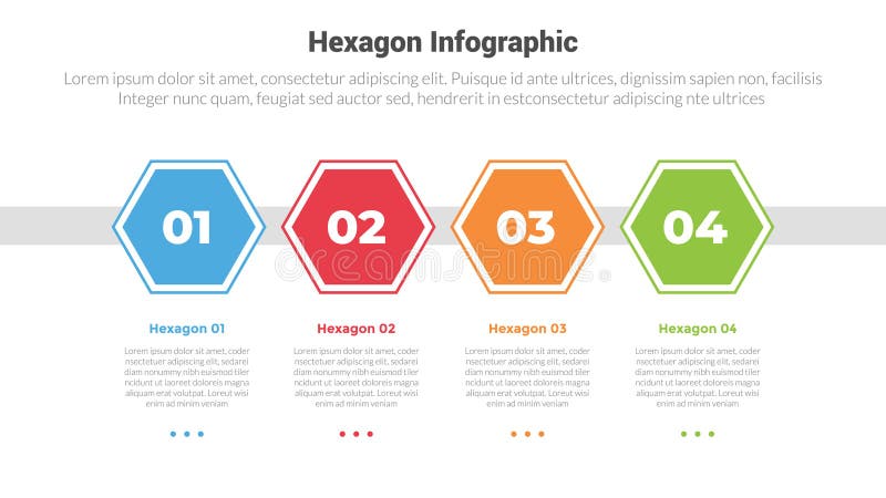 Hexagon or hexagonal honeycombs shape infographics template diagram with outline horizontal direction with 4 point step creative royalty free illustration