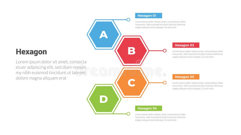 Hexagon or hexagonal honeycombs shape infographics template diagram with outline stack and line direction with 4 point step royalty free illustration