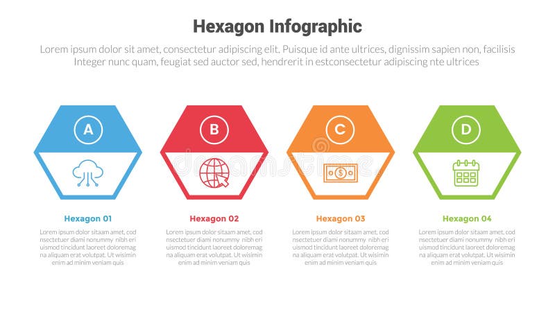 Hexagon or hexagonal honeycombs shape infographics template diagram with outline shape with strong header on horizontal direction vector illustration