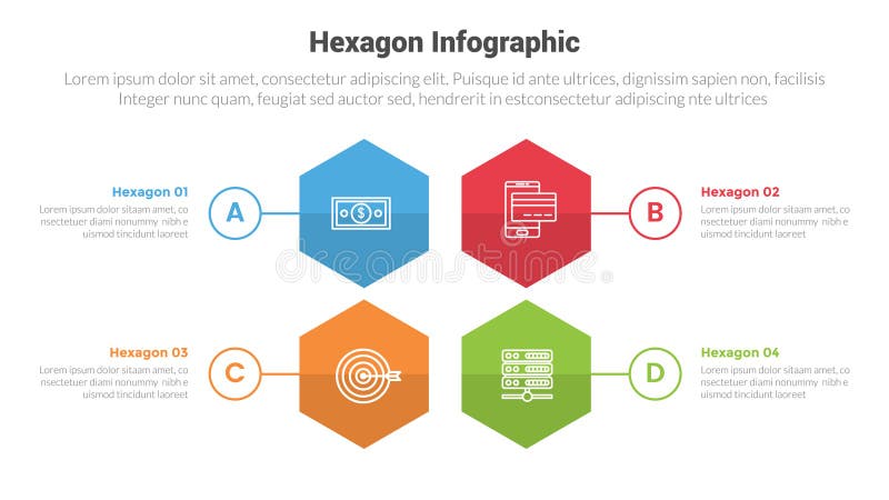 Hexagon or hexagonal honeycombs shape infographics template diagram with with 4 point step creative design for slide presentation royalty free illustration