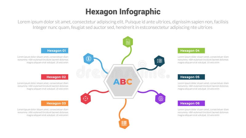 Hexagon or hexagonal honeycombs shape infographics template diagram with point swerve bend line network and with 6 point step vector illustration