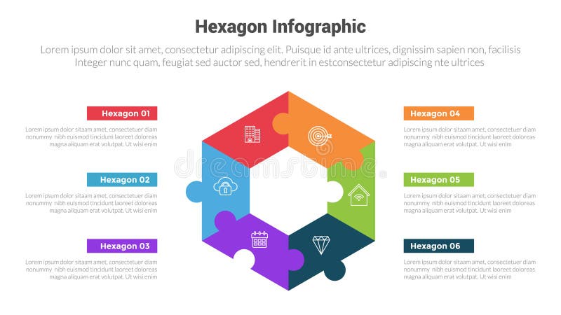 Hexagon or hexagonal honeycombs shape infographics template diagram with puzzle jigsaw center with 6 point step creative design stock illustration