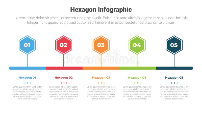 Hexagon or hexagonal honeycombs shape infographics template diagram with timeline horizontal direction with header line with 5 stock illustration