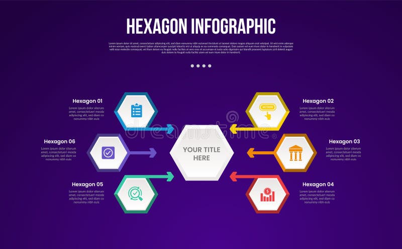 Hexagon or hexagonal six sided polygon template infographic with hexagon with arrow center direction with 6 point with dark style vector illustration