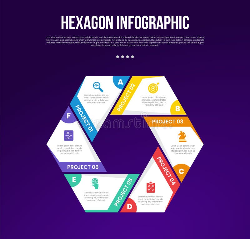 Hexagon or hexagonal six sided polygon template infographic with creative slice separate shape on cycle circular with 6 point with royalty free illustration