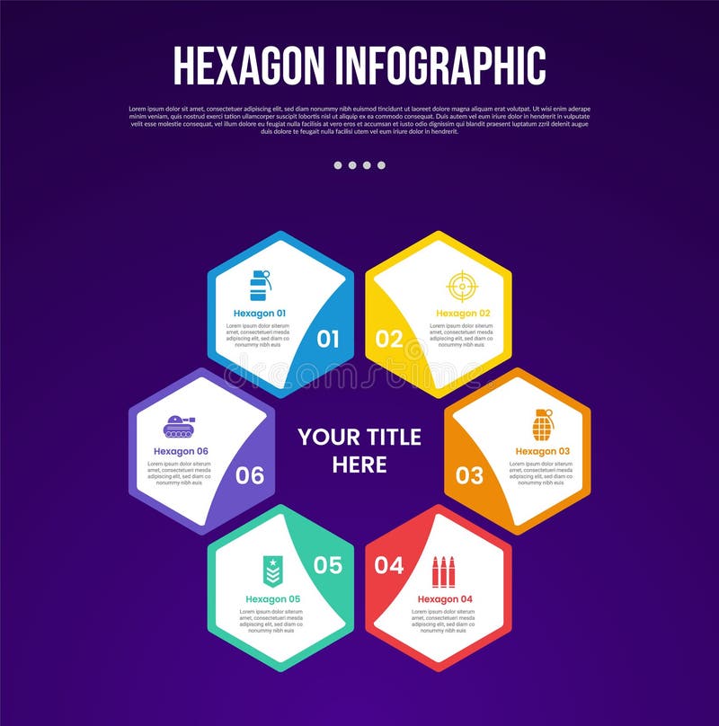 Hexagon or hexagonal six sided polygon template infographic with creative structure combination with 6 point with dark style for vector illustration
