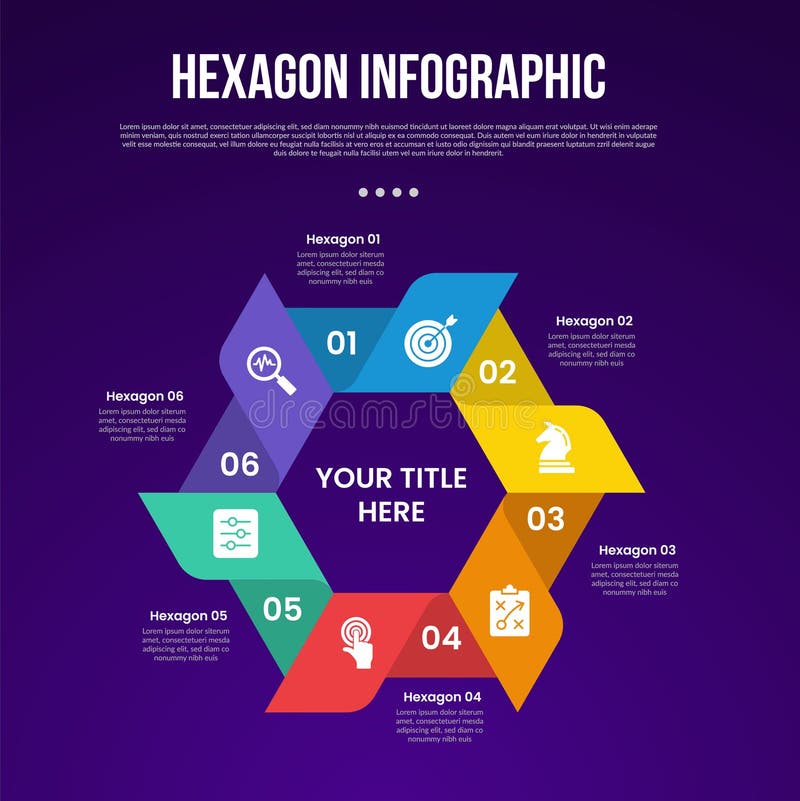 Hexagon or hexagonal six sided polygon template infographic with sharp fan shape on cycle circular base with 6 point with dark vector illustration