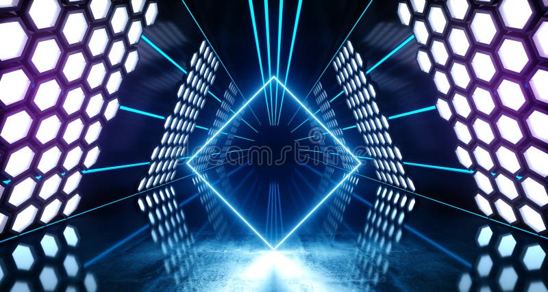Hexagon Lights Neon Led Laser Glowing Blue Purple White Vibrant Virtual Reality Triangle Shaped Tunnel Sci Fi Futuristic stock illustration