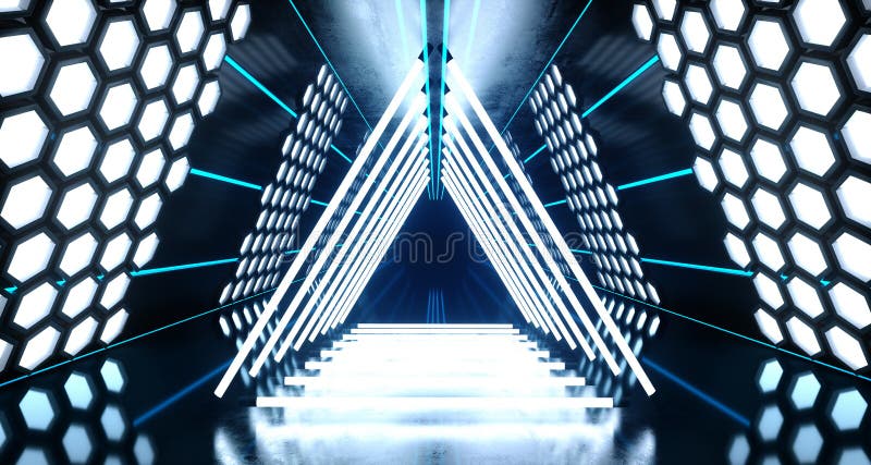 Hexagon Lights Neon Led Laser Glowing Blue White Vibrant Virtual Reality Triangle Shaped Tunnel Sci Fi Futuristic Reflections royalty free illustration
