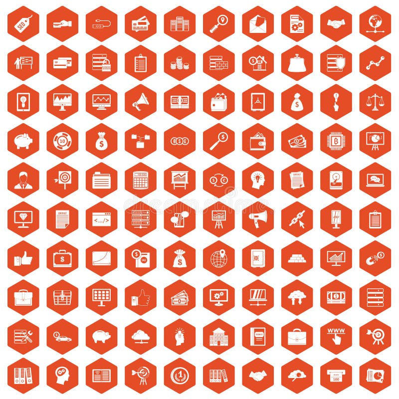 100 business process icons set in orange hexagon isolated vector illustration. 100 business process icons set in orange hexagon isolated vector illustration