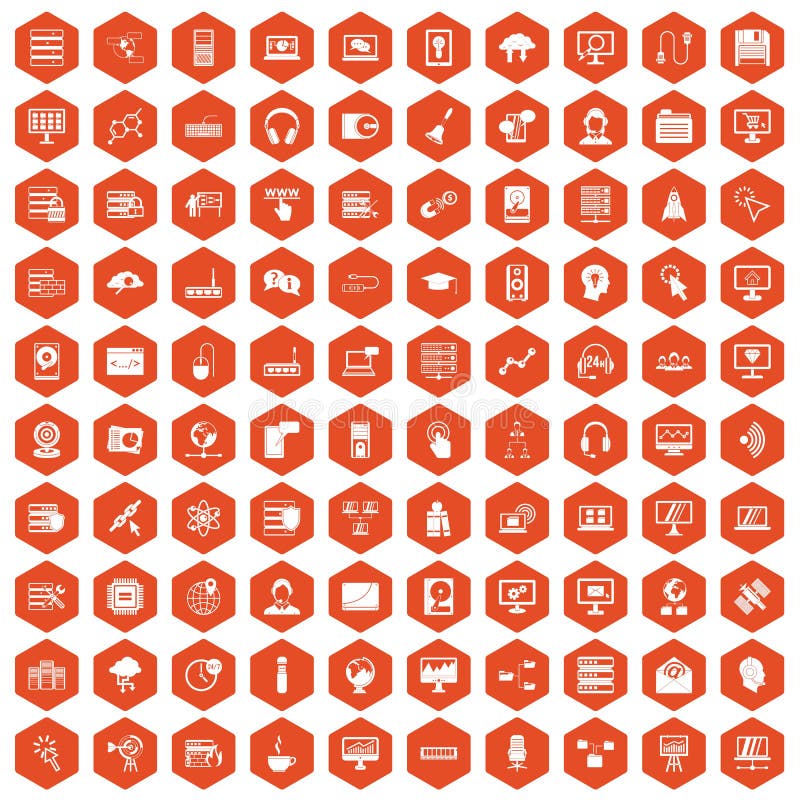 100 on-line seminar icons set in orange hexagon isolated vector illustration. 100 on-line seminar icons set in orange hexagon isolated vector illustration