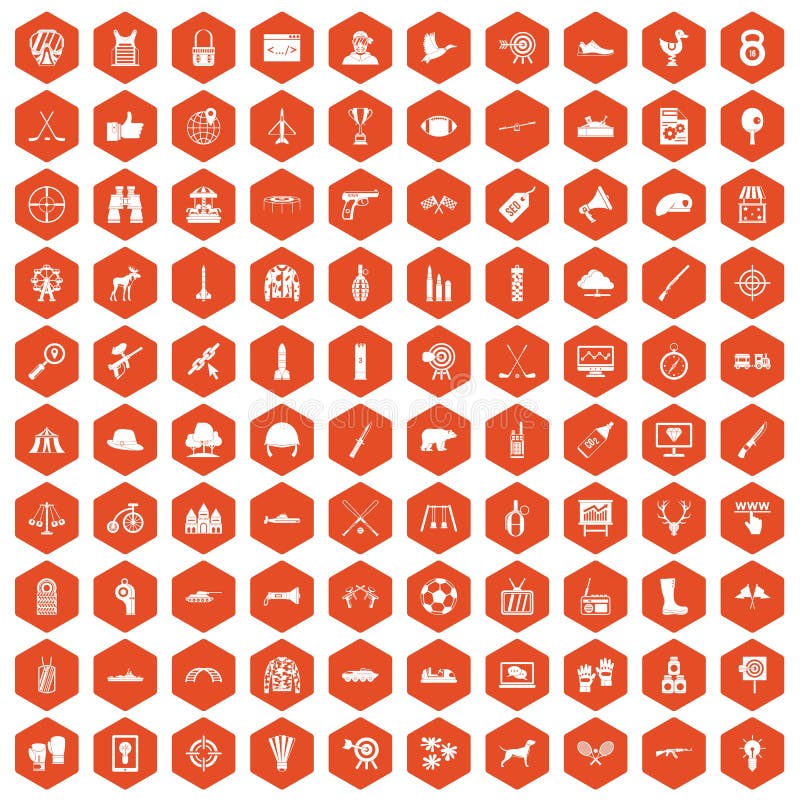 100 target icons set in orange hexagon isolated vector illustration. 100 target icons set in orange hexagon isolated vector illustration