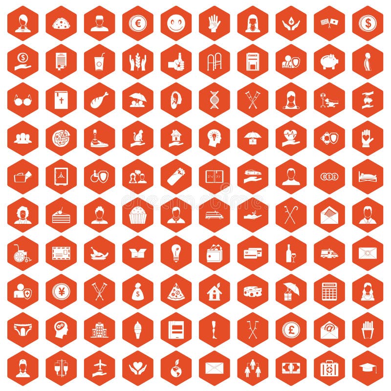 100 philanthropy icons set in orange hexagon isolated vector illustration. 100 philanthropy icons set in orange hexagon isolated vector illustration