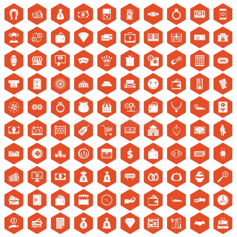 100 money icons set in orange hexagon isolated vector illustration. 100 money icons set in orange hexagon isolated vector illustration