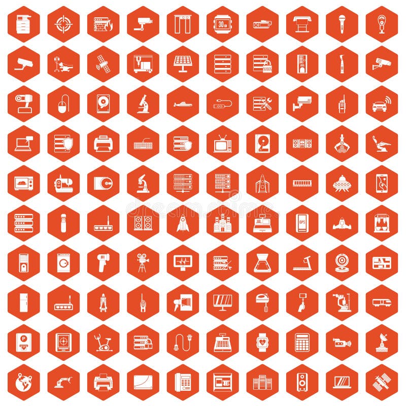 100 hardware icons set in orange hexagon isolated vector illustration. 100 hardware icons set in orange hexagon isolated vector illustration