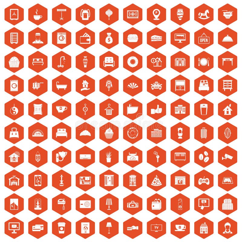 100 hotel icons set in orange hexagon isolated vector illustration. 100 hotel icons set in orange hexagon isolated vector illustration