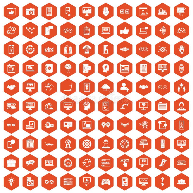 100 interface icons set in orange hexagon isolated vector illustration. 100 interface icons set in orange hexagon isolated vector illustration