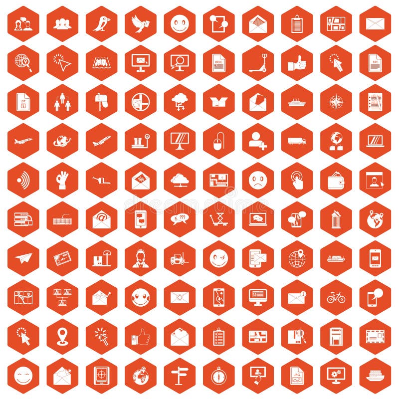 100 mail icons set in orange hexagon isolated vector illustration. 100 mail icons set in orange hexagon isolated vector illustration