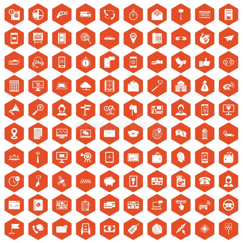 100 smartphone icons set in orange hexagon isolated vector illustration. 100 smartphone icons set in orange hexagon isolated vector illustration