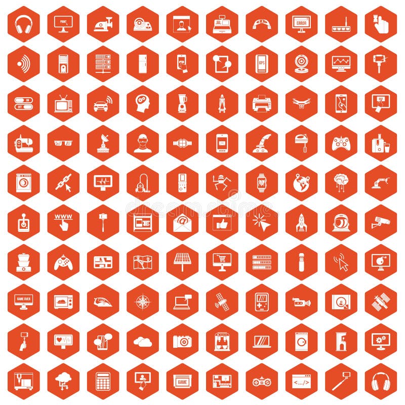 100 software icons set in orange hexagon isolated vector illustration. 100 software icons set in orange hexagon isolated vector illustration