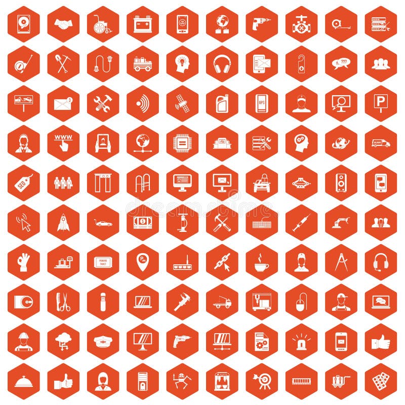 100 support center icons set in orange hexagon isolated vector illustration. 100 support center icons set in orange hexagon isolated vector illustration