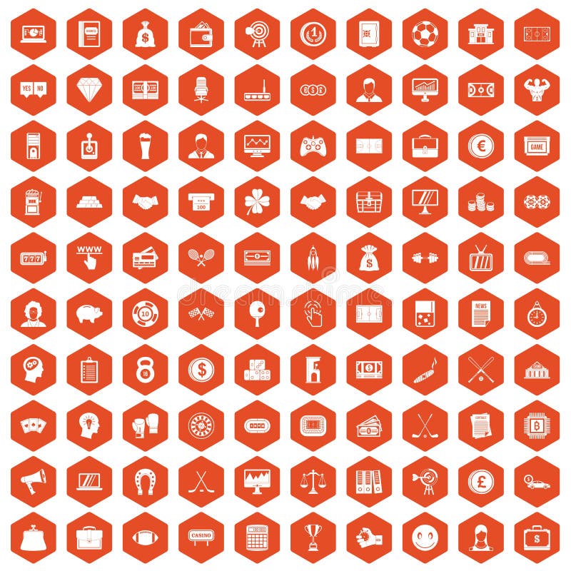 100 sweepstakes icons set in orange hexagon isolated vector illustration. 100 sweepstakes icons set in orange hexagon isolated vector illustration